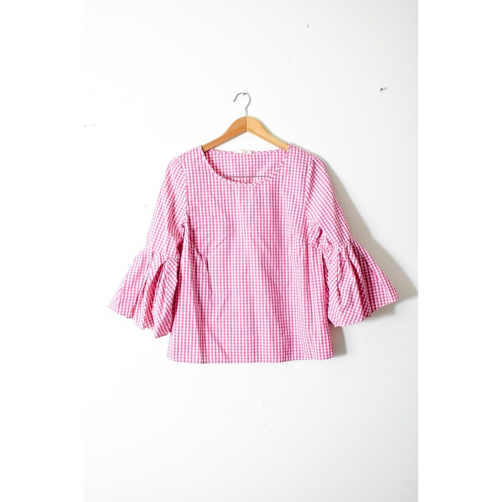 Jane and Delancey Blouse Womens Large Pink Modern Gingham Pleated Bell Sleeve‎